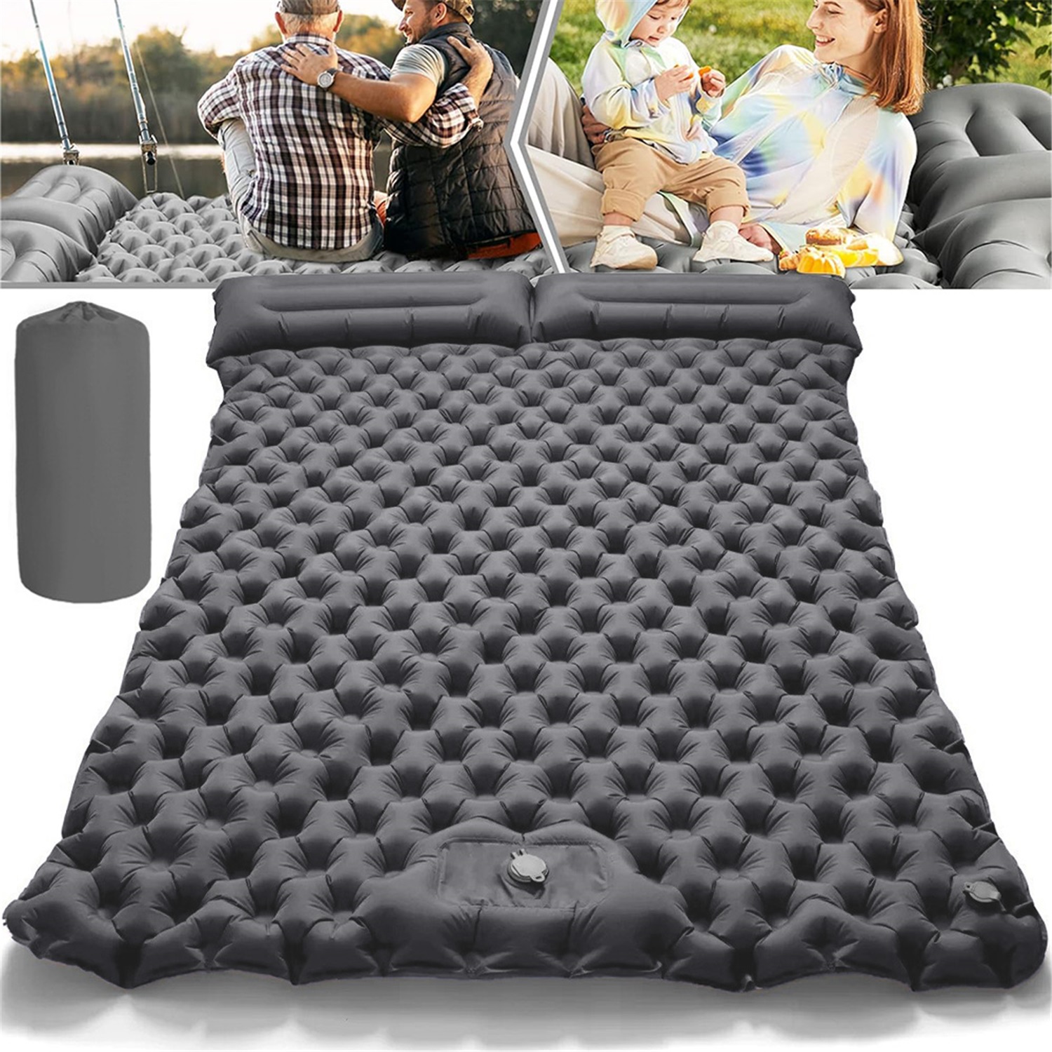 Image of Double Sleeping Pad, Thick For 2 Person With Pillow Built-in Foot Pump Inflatable Sleeping Mat For Backpacking, Hiking, Traveling, Tent, Portable Camping Mat