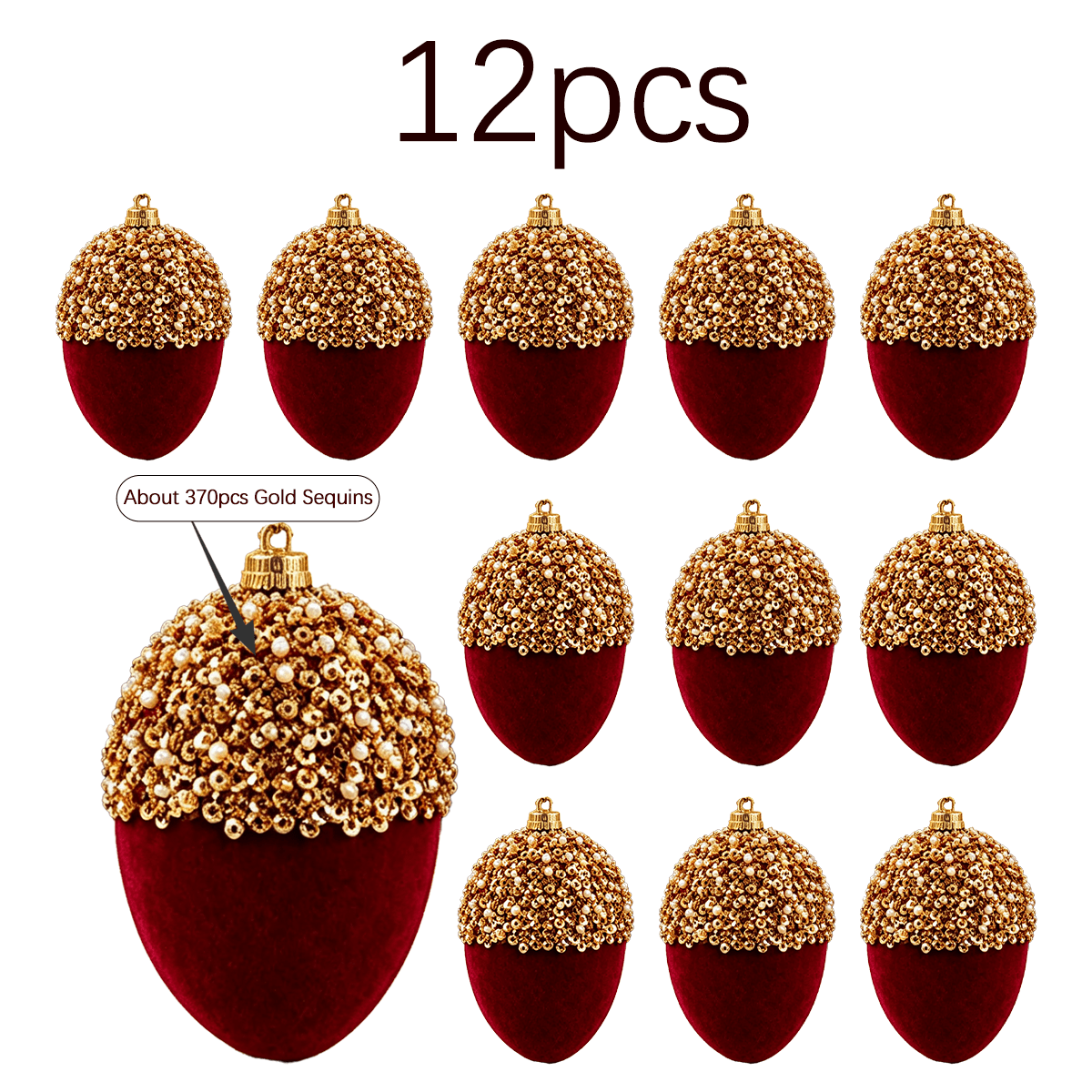 TEMU Burgundy Velvet -shaped Christmas Ornament, Exquisite Golden Sequined And Pearl Inlay Craft, With Golden Hanging Rope, Multi-piece Set , For