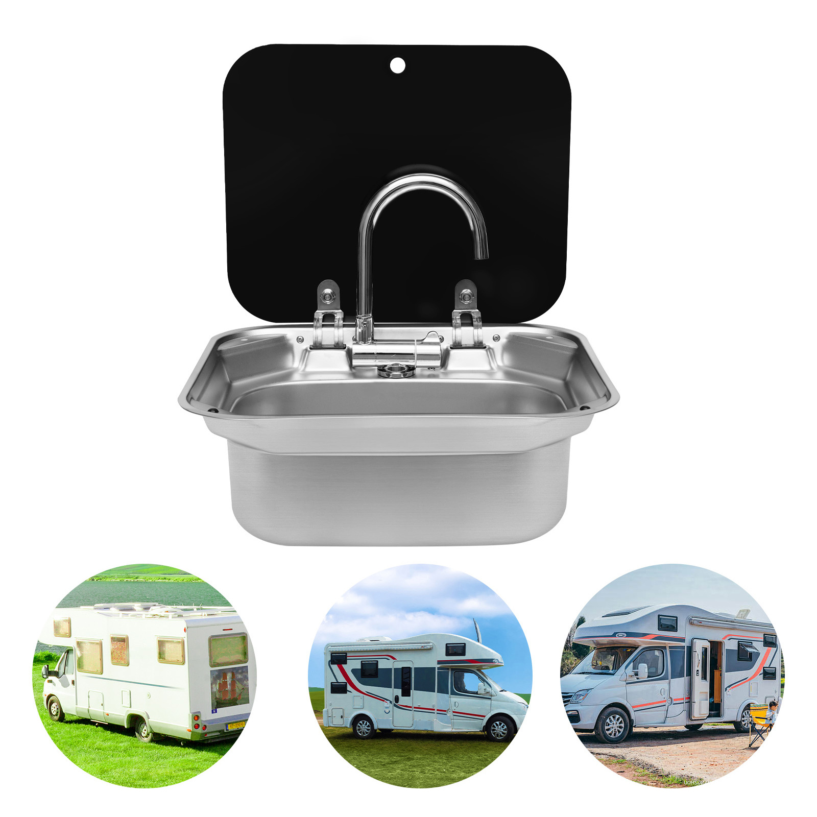 E-shop RV Camping Spülbecken Set mit Wasserhahn & Waschbecken - Hochleistungs Edelstahl Wohnmobil Spülbecken Kit mit Auslaufsicherem Design,