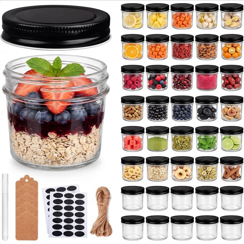 4oz glass jars with lids small mason jars canning jars with black lids   wedding favor shower favors spice jars kitchen storage home set of 40