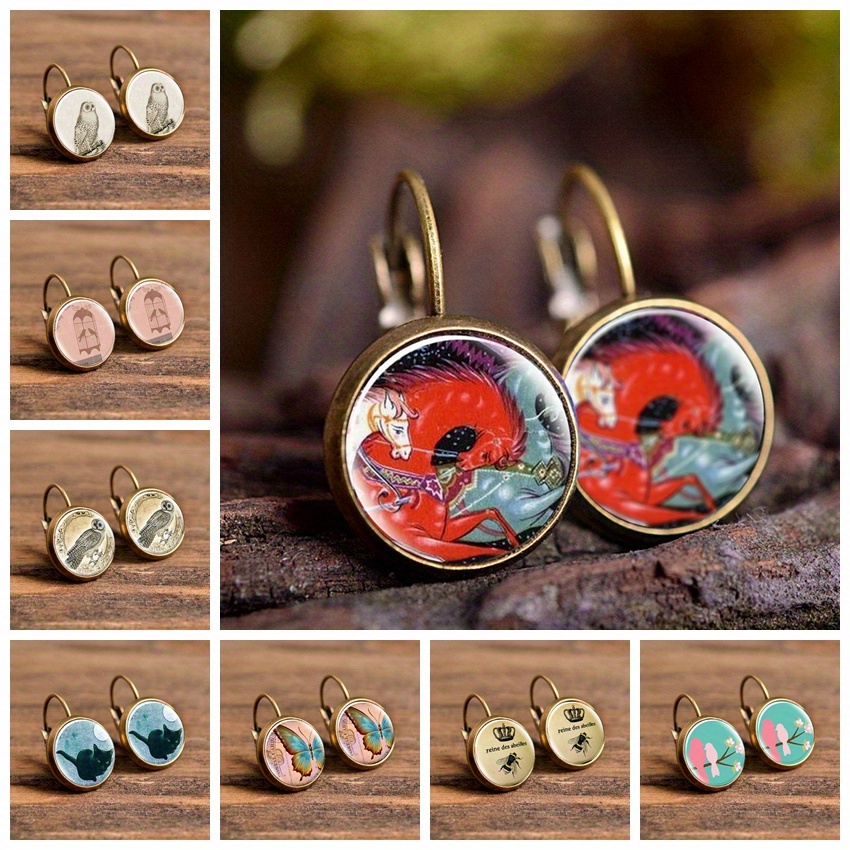 Creative Glass Animal Pattern Earrings, Retro Cartoon