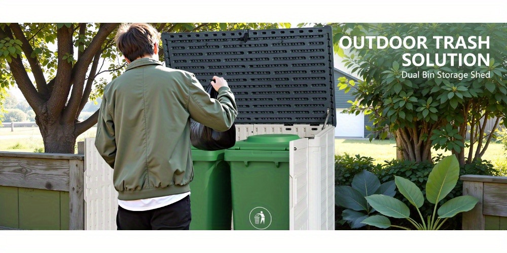 Devoko 34 Cu Ft Resin Outdoor Storage Shed - Waterproof Double Lock Security, No Shelf Design for Trash Can, Garden Tools & Pool Supplies, Durable Weather-Resistant Beige Organizer with Ventilation & Easy Assembly, Outdoor Storage Shed, Tool Organization, Ventilated Design, Sturdy Construction, Storage Sheds