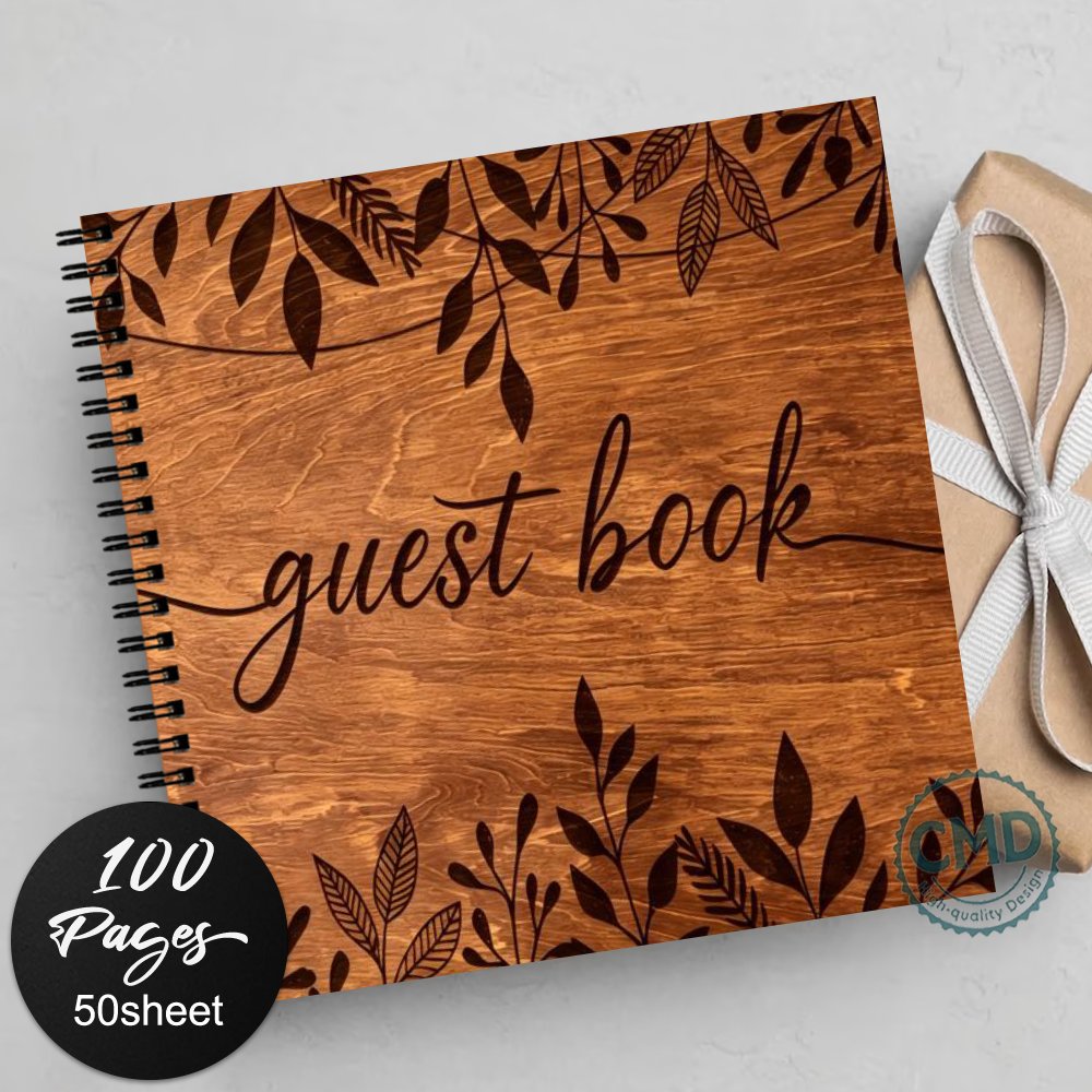 TEMU 1pc Cmd Retro 1970 Wedding Guest Book With Wooden Cover & Floral Leaf Design - Vintage Suitable For Weddings, Bridal Showers, Birthdays,