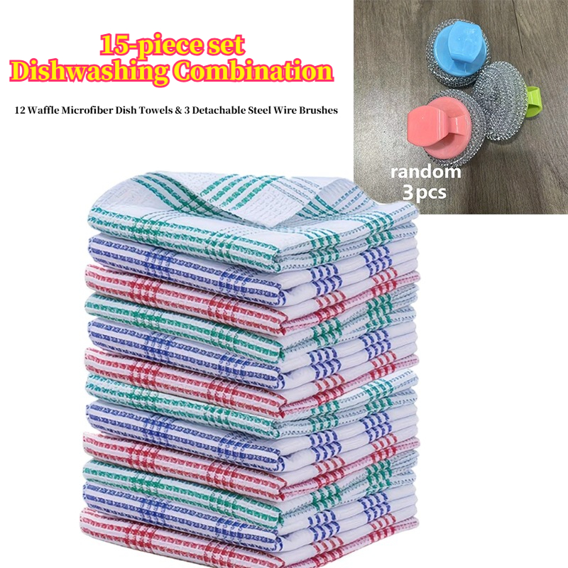 15pcs Complete Kitchen Cleaning Set (microfiber Absorbent Dishcloths And Steel Scrub Brushes), Durable Non-scratch Reusable Supplies For Housewarming Gift Random Color