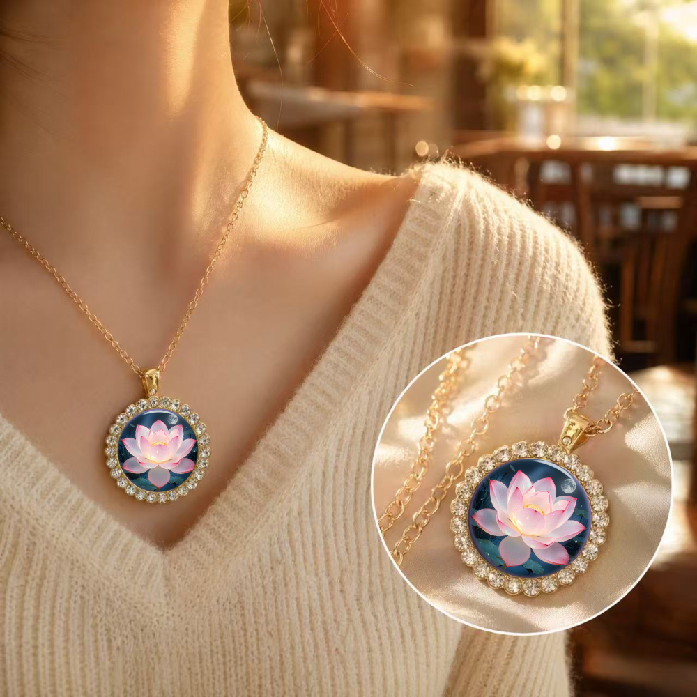 2D Design Pink Lotus on Blue Background Pendant Necklace