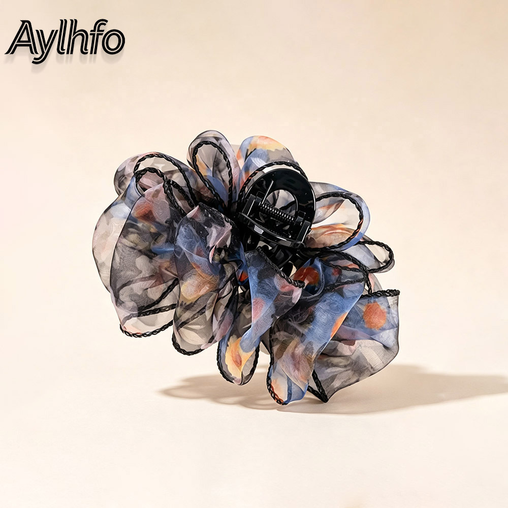 TEMU Aylhfo 1pc Autumn New Arrivals Oversized Organza Flower Hair Claw Clip, Vintage Floral Print Sheer Mesh Shark Hair Clip, Large Volume Non Slip