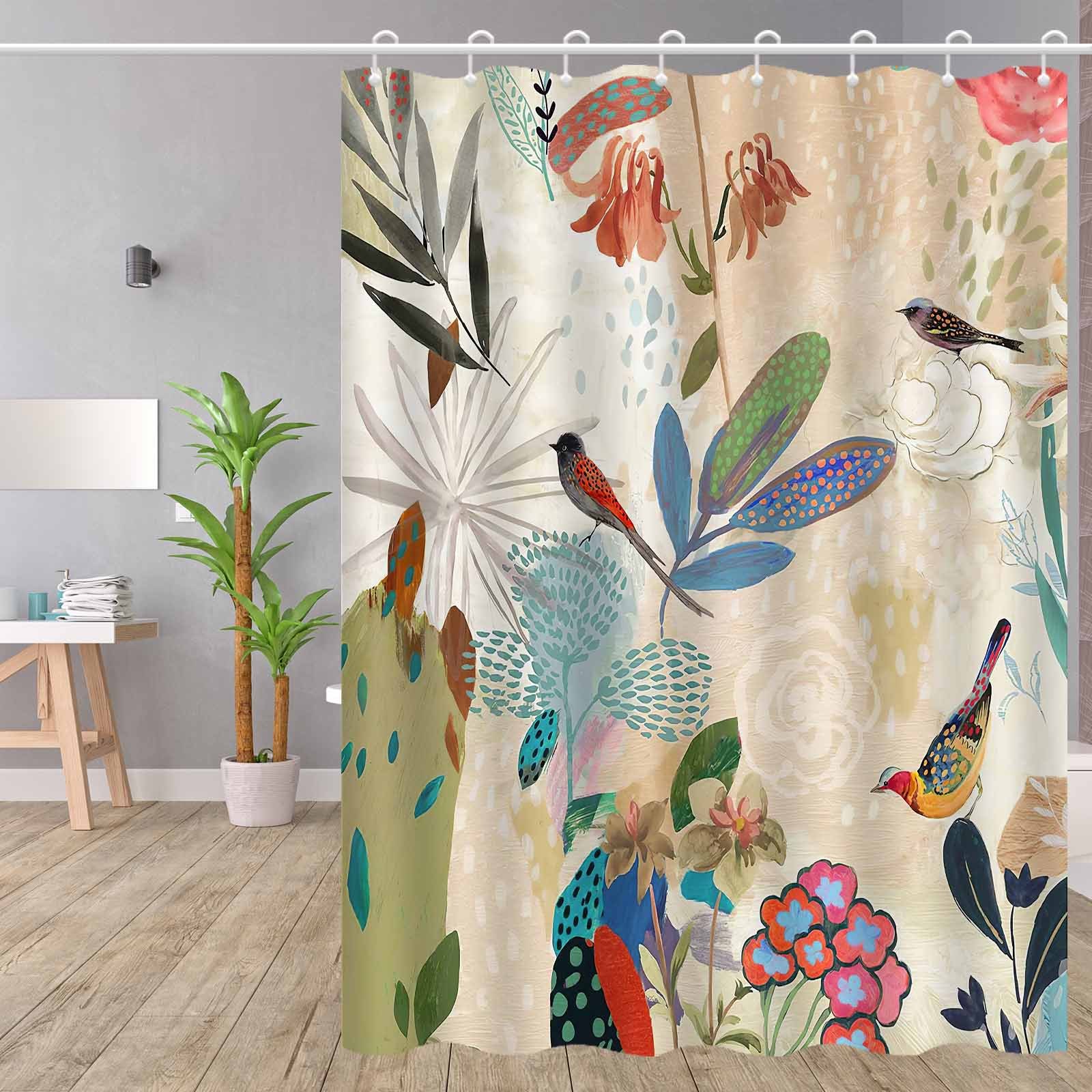 

Elegant European Vintage Botanical Birds And Floral Print Bathroom Curtain, Water-resistant Polyester Knit Fabric, Machine Washable, With Hook Accessory, For Artistic Decorative Bath