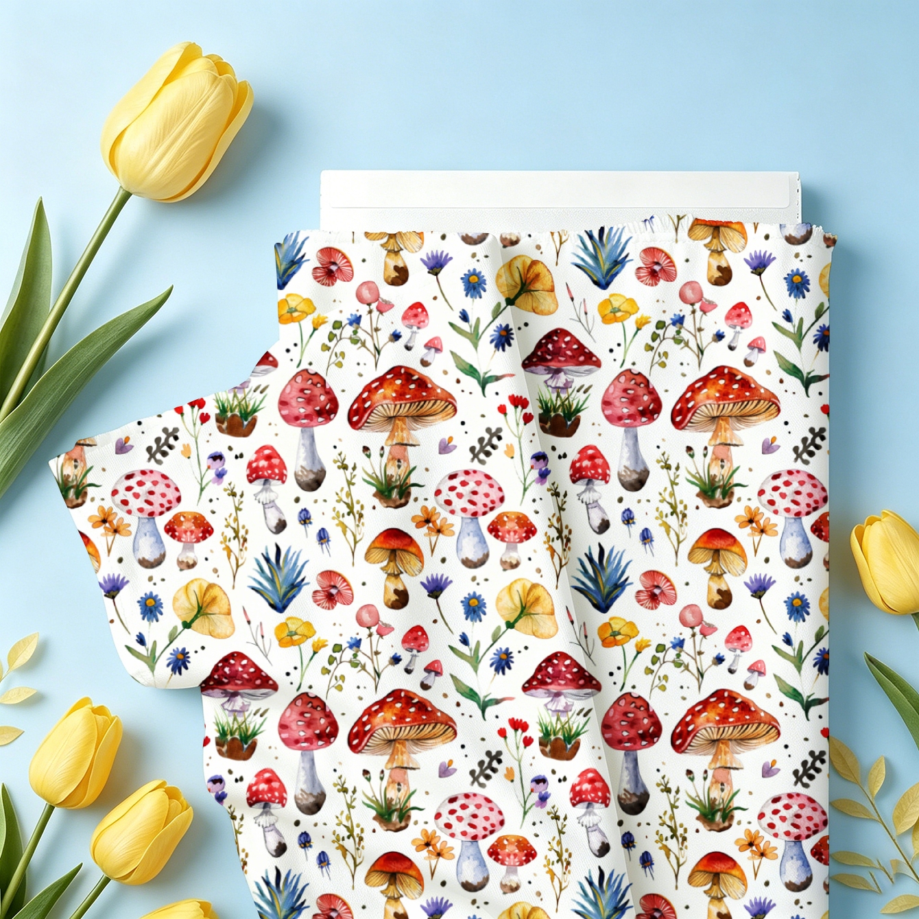 TEMU 1pc Red Mushroom Floral Pattern Fabric, Optional, Soft And Comfortable Polyester Fabric For Quilting, Handcraft, Bag Making, , Skirt, Mask,
