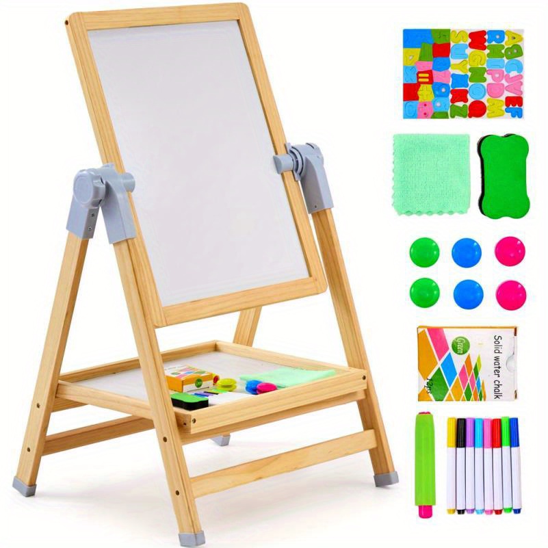 Double-Sided Wooden Art Easel for Magnetic Whiteboard & Chalkboard - Portable Drawing & Learning Play Set with Colorful Paints, Brushes, and Canvas - Ideal for   Creative Development, Art Playset|Creative Playset|Wooden Easel, Art Supplies