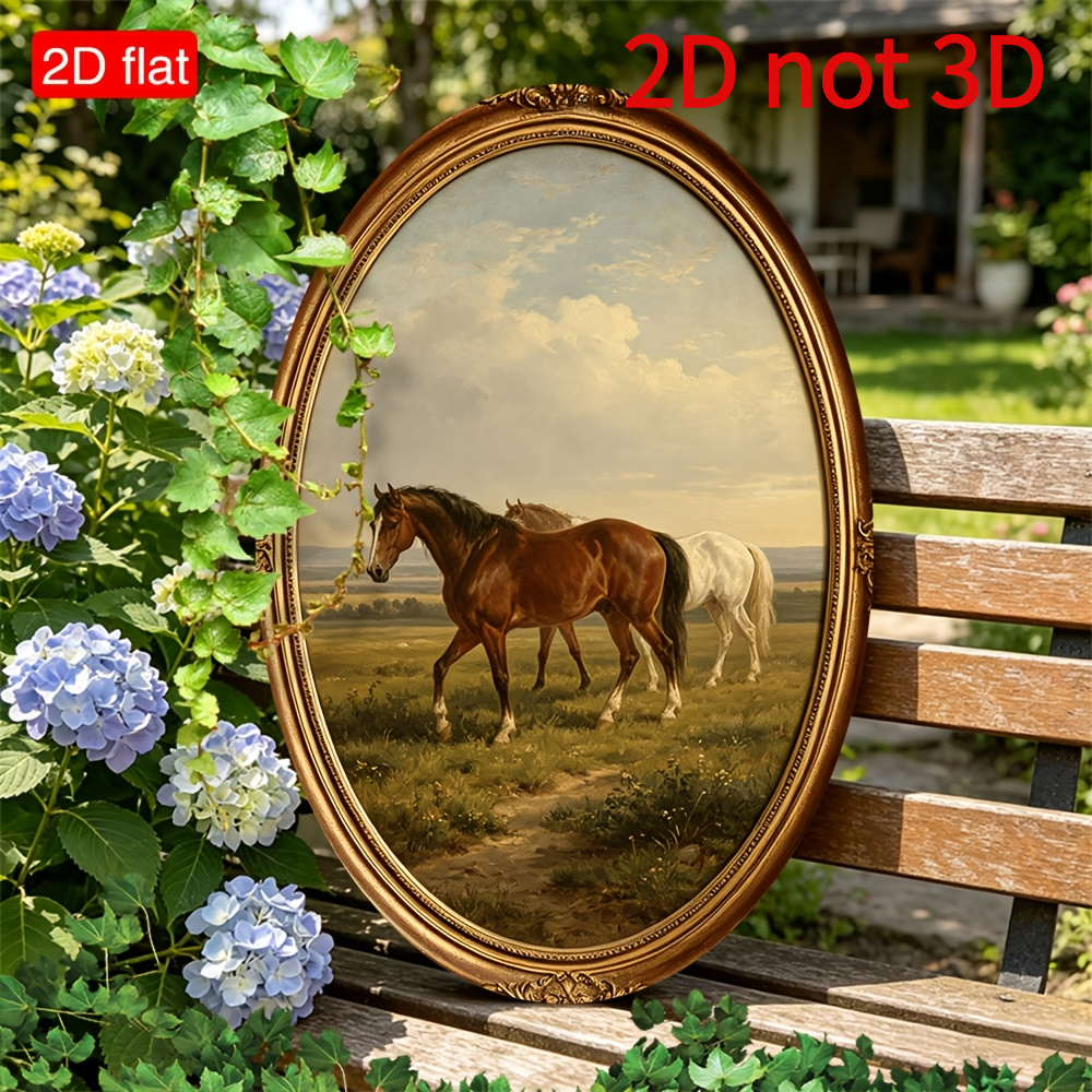TEMU 2d Flat, 1pc Rustic Farmhouse Horse - Oval Wooden Picture Frame With Horses Grazing On , Artificial Panel Suitable For Home Decor, Housewarming