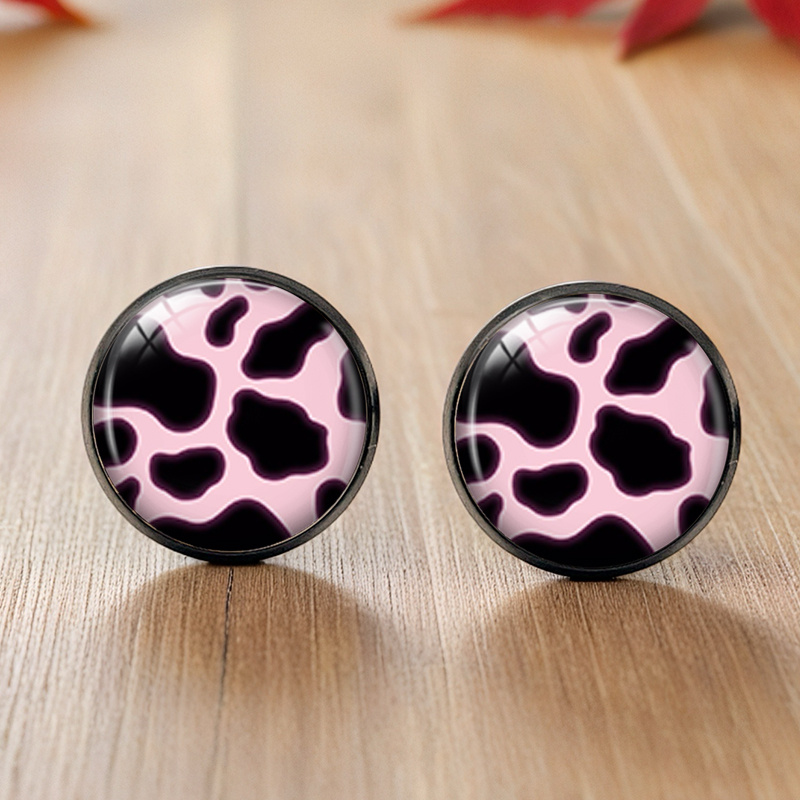 E-shop 1 Paar schwarze Ohrstecker mit rosa Kuhfleckenmuster, runde Glaskuppel, handgefertigter Schmuck, Geschenk