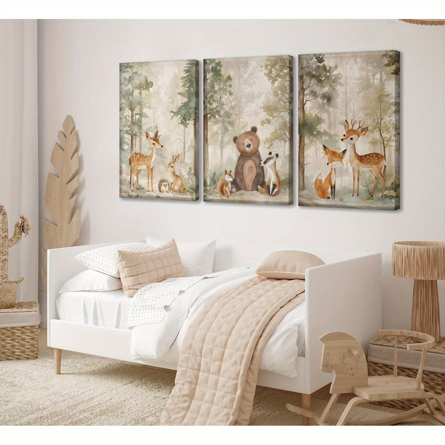 3pcs Woodland Animal Nursery Framed Canvas Art Beautiful Wild Animal  Paintings featuring Fox, Bear, and Deer Boys' or Girls' Room
