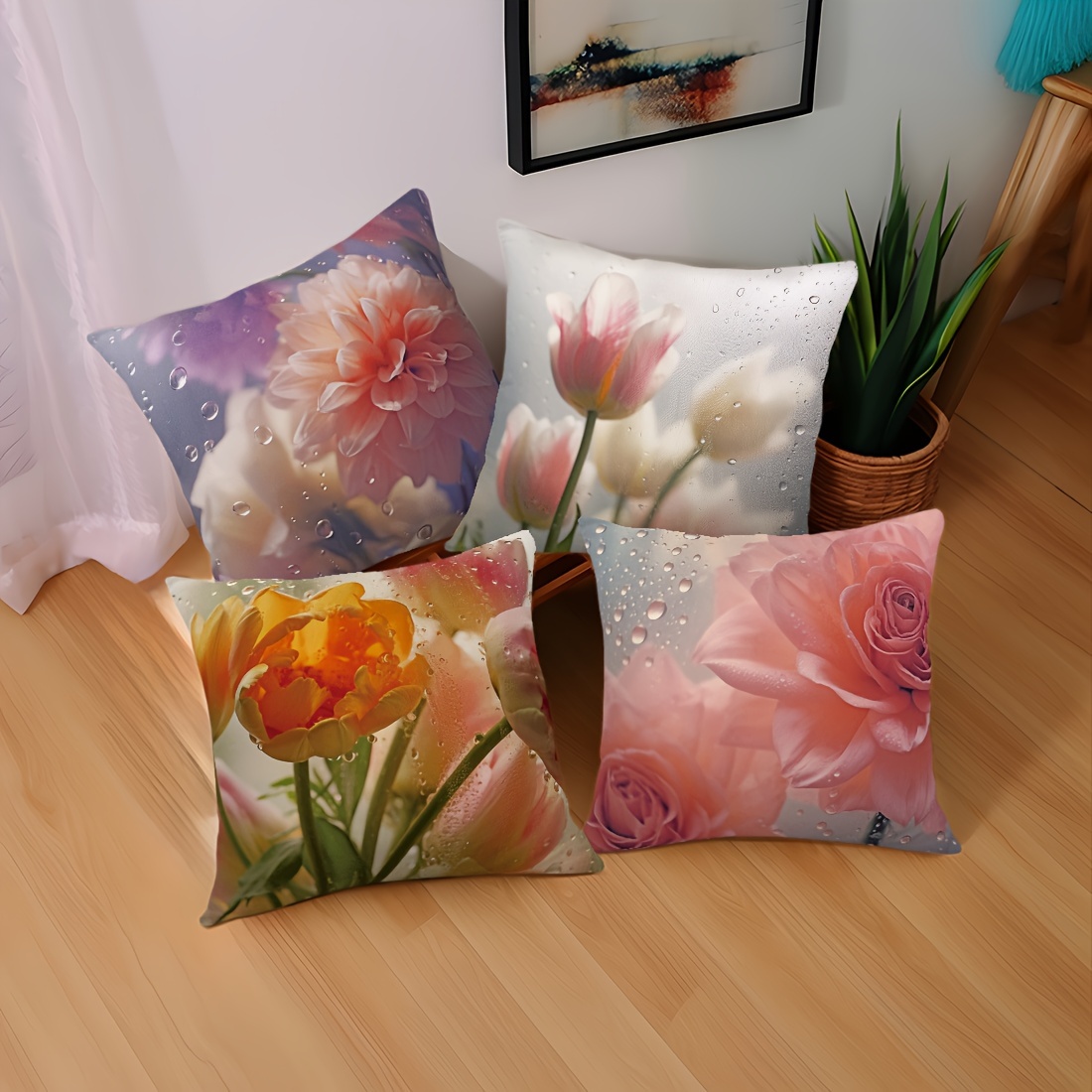 4pcs 17 72x 17 72inch   glass flower   pillow   set car cushion cover living room sofa bedroom pillow bedside backrest pillowcase home decoration pillow   double sided printing Product details 3