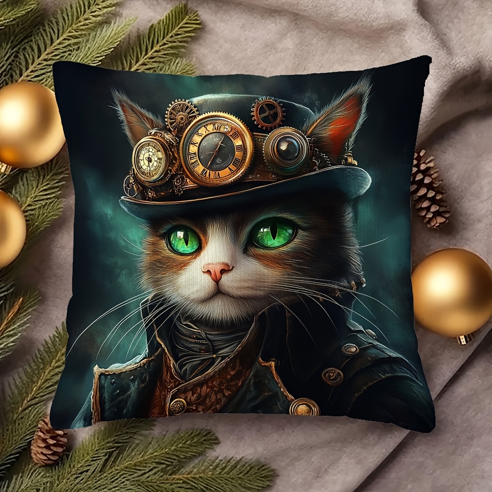 TEMU 18x18 Inch Reversible Decorative Pillow Cover - Steampunk Cat Design, Zippered Closure, Victorian Gear Pattern (orange, Black, Green) - Washable