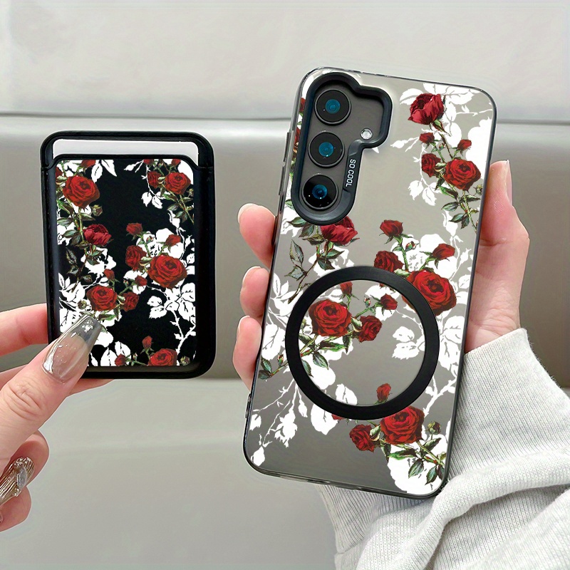 TEMU Phone Case - 2pcs Set New Creative Red Rose Pattern Magnetic Phone Case And Fashionable Luxury Artificial Leather Magnetic Property
