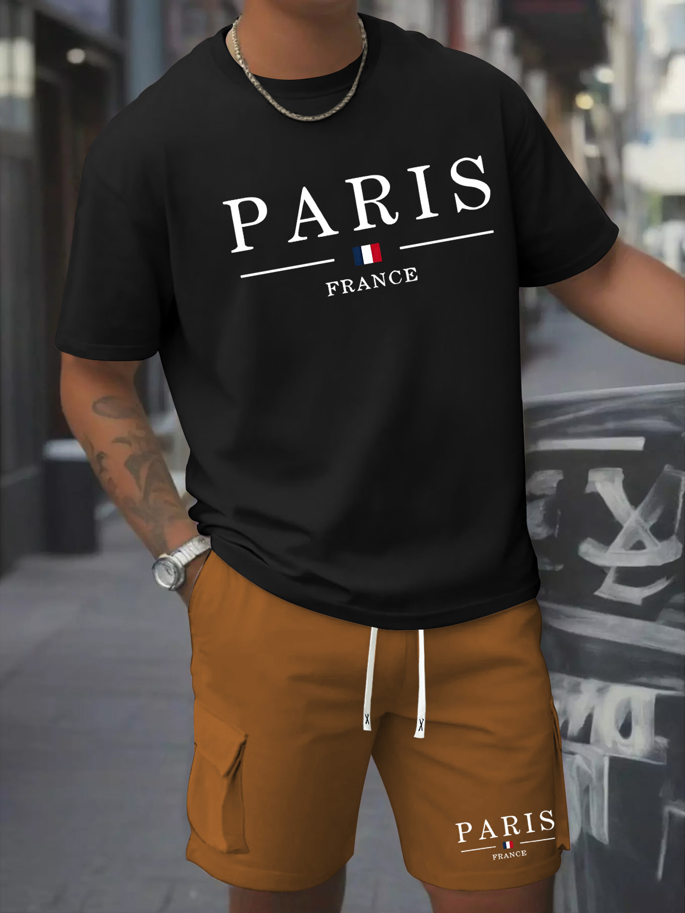 Printed Men's 2pcs Set Round Neck Cotton Short Sleeve T-Shirt and Work Shorts Suit for Spring/Summer