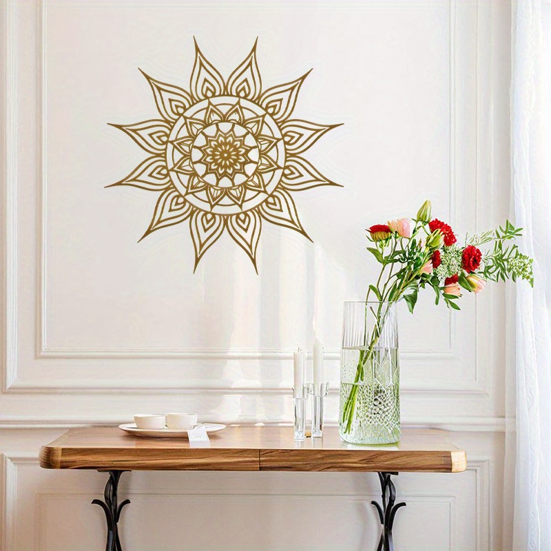 TEMU 1 pièce Décoration d'art dorée Mandala de soleil en métal pour mur de 15,75 pouces, 15,74 pouces x 15,74 pouces, dorée, motif floral et