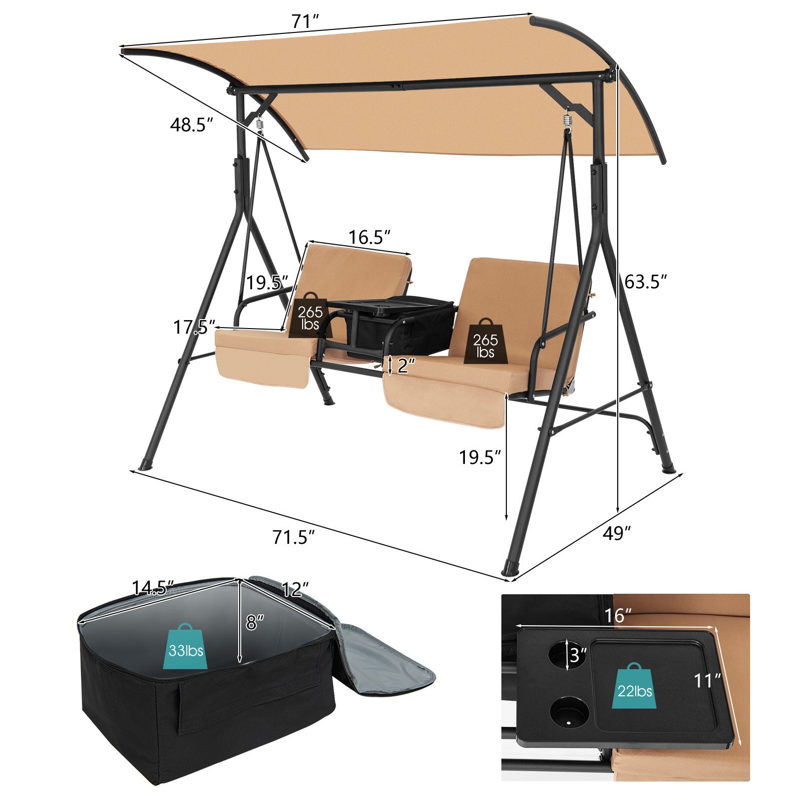 LIFEZEAL Porch Swing Chair with Adjustable Canopy, 2-Person Swing Chair with Cooler Bag, Rotatable Tray and Removable Cushions, Outdoor Canopy Swing Loveseat for Backyard Balcony Poolside. - Image 8