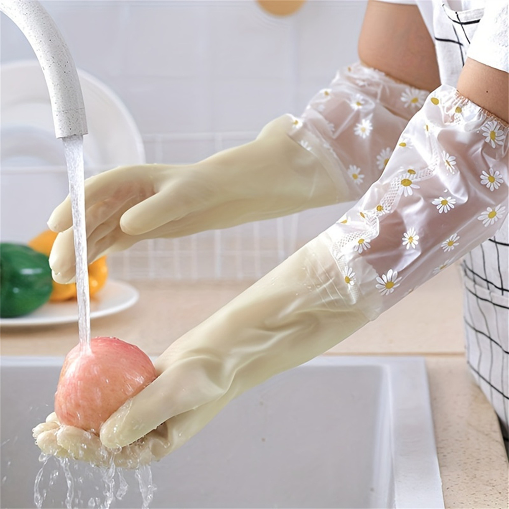 1pair of long sleeved daisy rubber gloves soft flexible and reusable suitable for dishwashing kitchen cleaning oven maintenance and pet care details 4