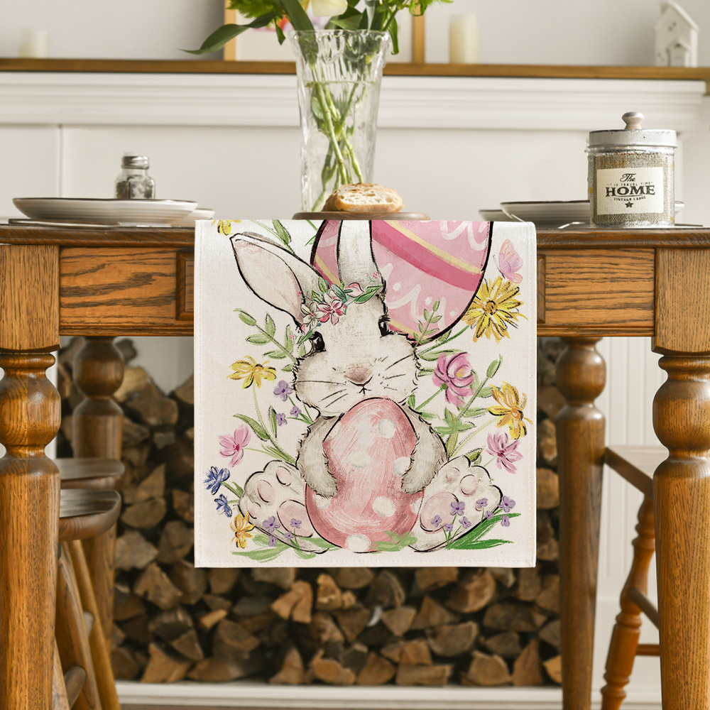 

Sm:)e Bunny Rabbit Egg Flower Easter Table Runner Dining Table Decoration, Seasonal Dining Table Decoration For Home Party Decor 13x72 Inch