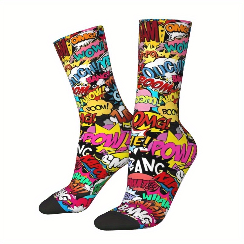 TEMU 1 Pair Of Men's Hip-hop Cartoon Socks - Vibrant 3d Printed Comic Patterns (pow, Zap, Bang), Breathable & Stretchy Polyester Blend, Casual Wear,