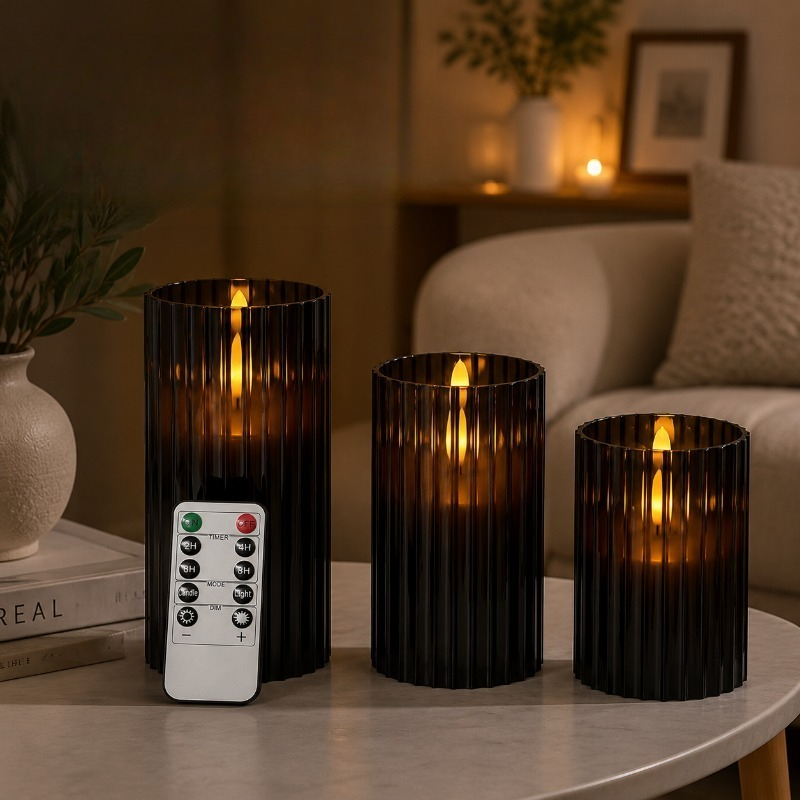 TEMU Bougies LED flamme à rayures verticales avec télécommande et minuterie, intensité variable, plusieurs couleurs disponibles. Pour table de Noël,