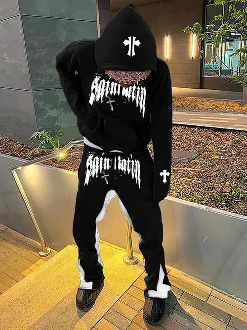 2pcs set men y2k casual streetwear letter print hoodie and sweatpants suit autumn
