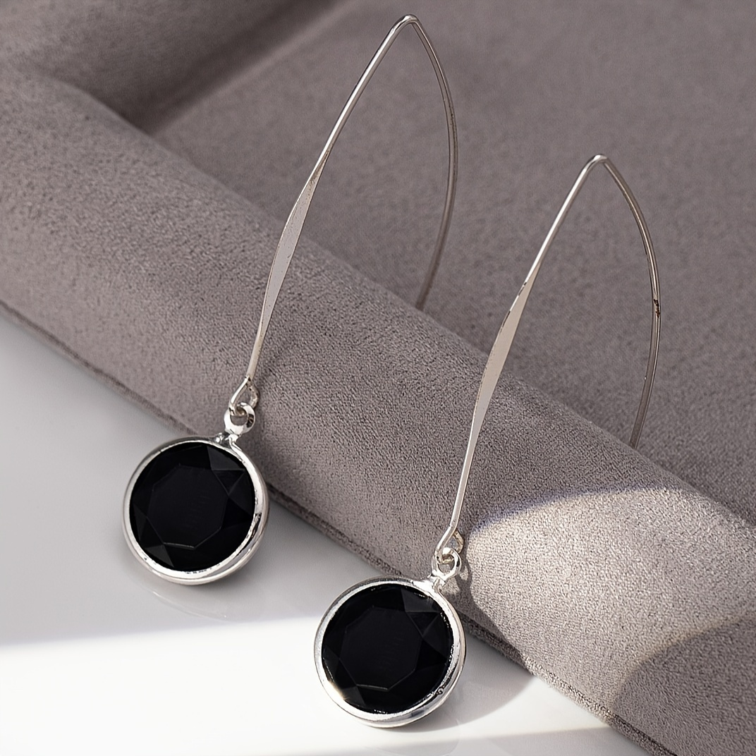 TEMU 1 Pair Of Elegant Black Round 925 Silver Plated Pendant Earrings - Simple , Stylish And Simple Stud For A Casual Look