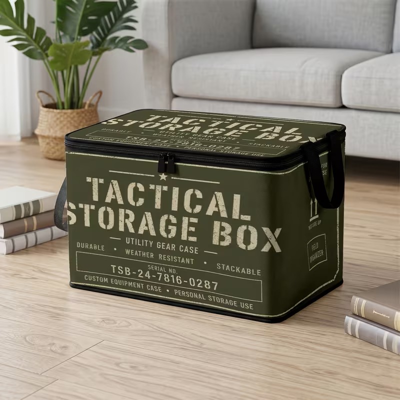 TEMU 1pc Green Tactical Text Pattern Non-woven Fabric Storage Box With Reinforced Black Handles, Foldable Storage Container, Large Capacity Organizer