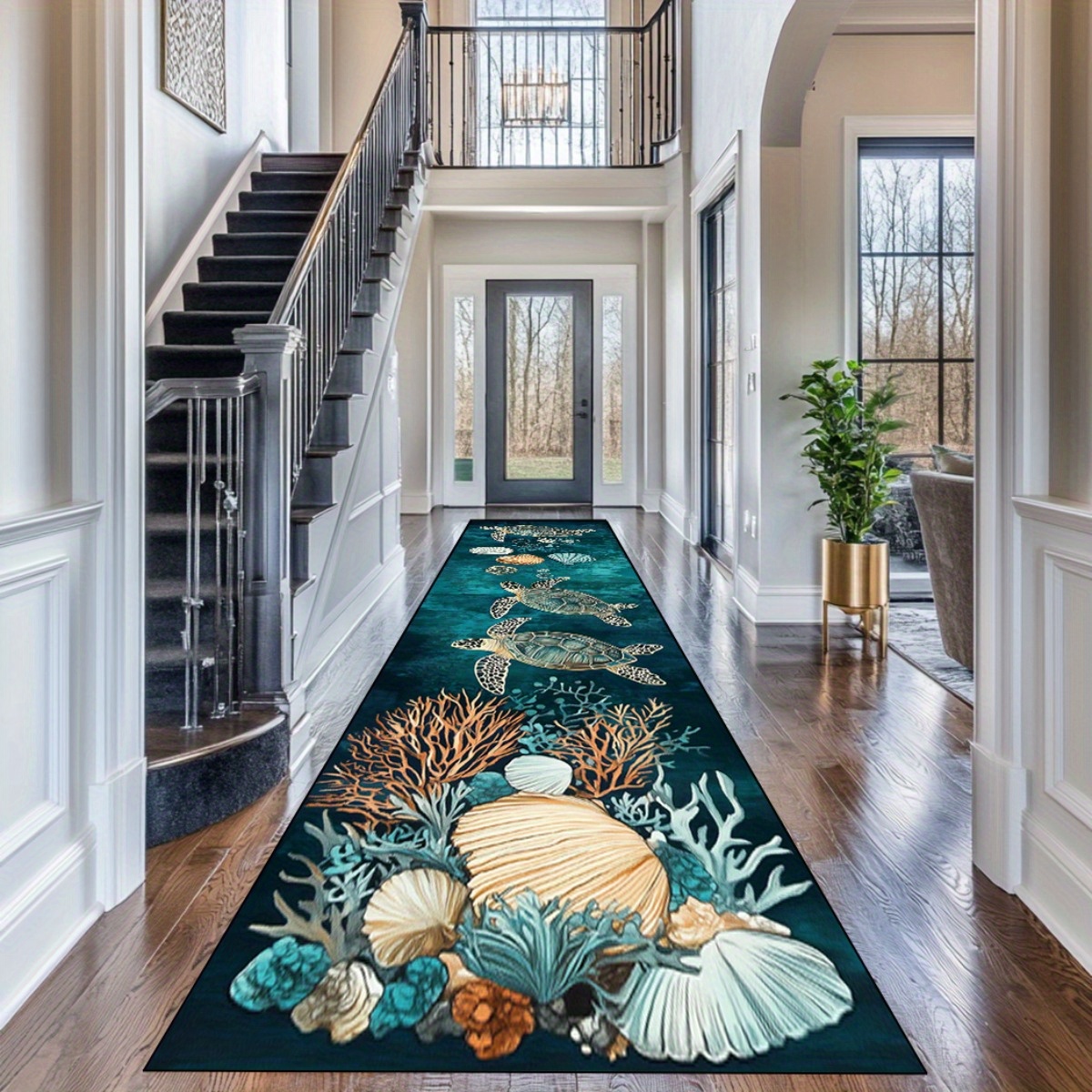 TEMU Elegant Hallway Mat Featuring A Large Sea Turtle Design With And Shell Patterns - Made From 100% Polyester, Hand Wash Only, With A Non-slip