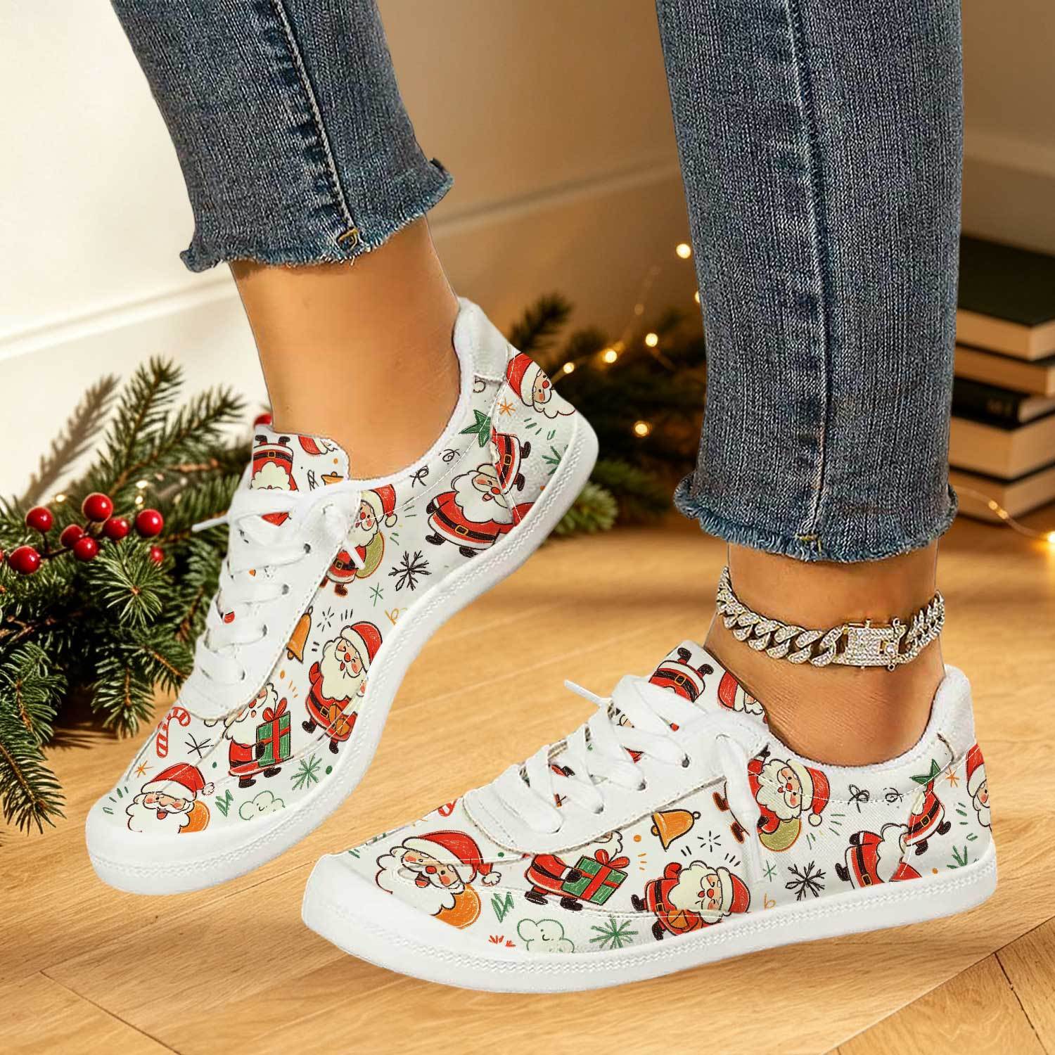 TEMU Hand-drawn Graffiti Santa Candy Gift Women's Shoes Free And Soft Daily Outing Full Of Christmas Trendy Shoes, Women Shoes, Sneakers