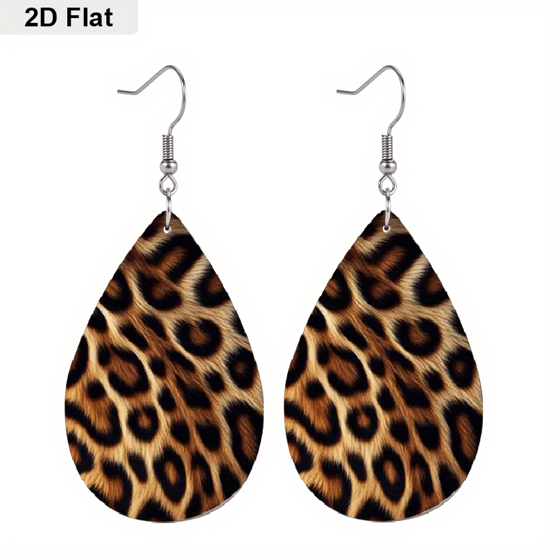 TEMU 2d Flat, 1 Pair Fall Gift Women's Fashion Drop Earrings, Leopard Print Pattern Designed Pu Earrings Jewelry For Women' Wear And Holiday Party