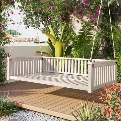 twin size patio swing bed outdoor hanging chair with sloped design for weather resistant lightweight durable construction ropes armrests white for garden porch backyard relaxation outdoor furniture porch lounging able recliner