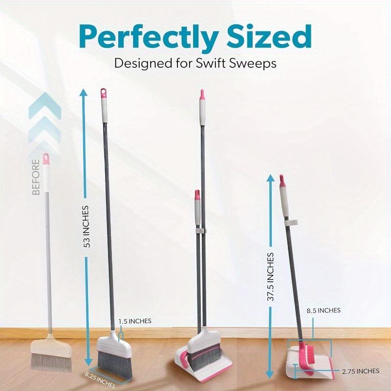 butler   broom and dustpan set - heavy-duty cleaning system with ergonomic stand, lightweight & space-saving combo for hardwood, tile, carpet floors - ideal for kitchen, living room, bathroom, hallway - white & pink with red accent - compatible with angle broom (not included) - ideal for home, office, apartment cleaning Product details 2