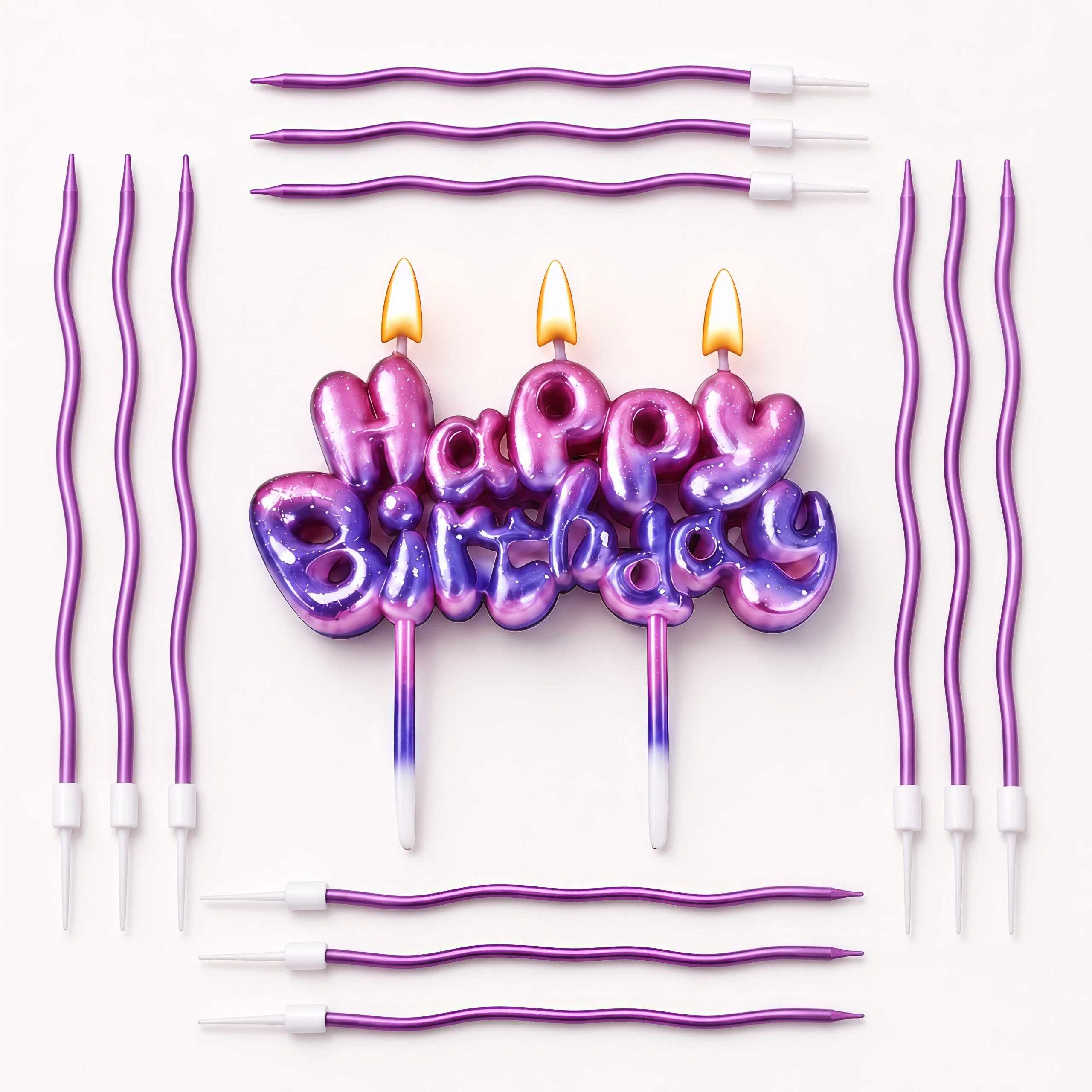 Image of 13pcs Metallic Purple Happy Birthday Cake Candle Set, Balloon Style Birthday Topper With 12 Wavy Candles, Elegant Cake Decorations For Birthday Party Celebration