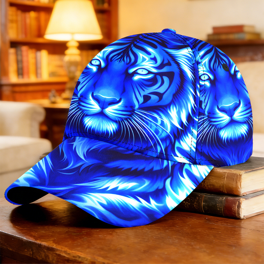 TEMU 1pc-2d Print Blue Flame Tiger Pattern Baseball Cap Casual Wear Sun Hat Full Print Pattern Polyester Comfortable Fishing Trip Souvenir Sports