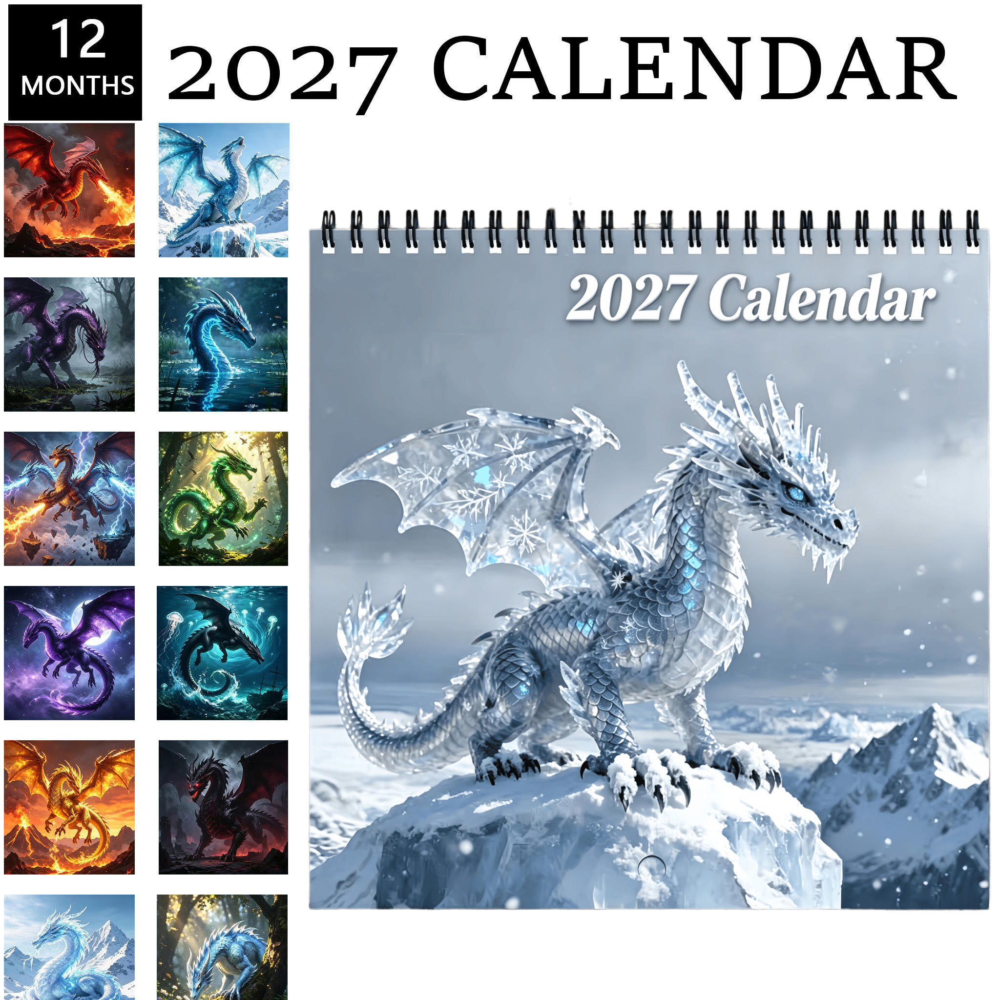 TEMU 2027 Dragon-themed Calendar, Suitable For Dragon Enthusiasts, 12-month Double-sided Thickened Paper, 21* Spiral Wall Hanging Calendar – Perfect