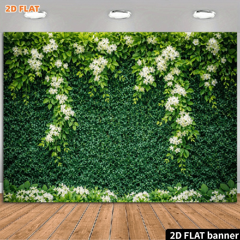 TEMU Bannière 2D Plate, 2D Plate - Bannière 2D Plate, 1pc Bannière Drapée Plante Verte Mur de Fond Simulé Vert Foncé Feuilles Denses avec Grappes de