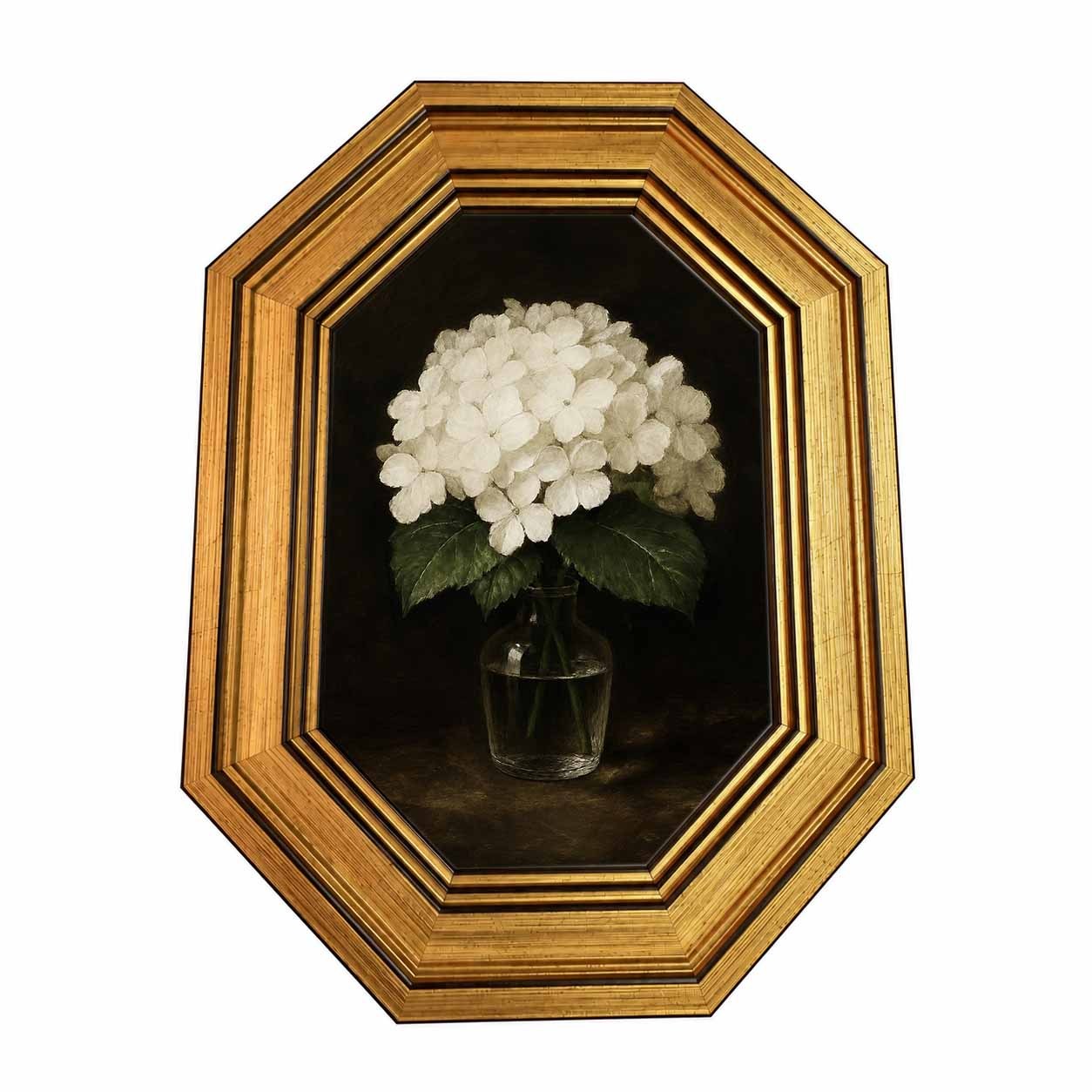 TEMU 2d Flat, 2d Flat, 2d/flat, 1pc, Framed, White Hydrangea Still Life Wall Art In Ps Resin Octagonal Gold- Patterned Frame, Classic Botanical