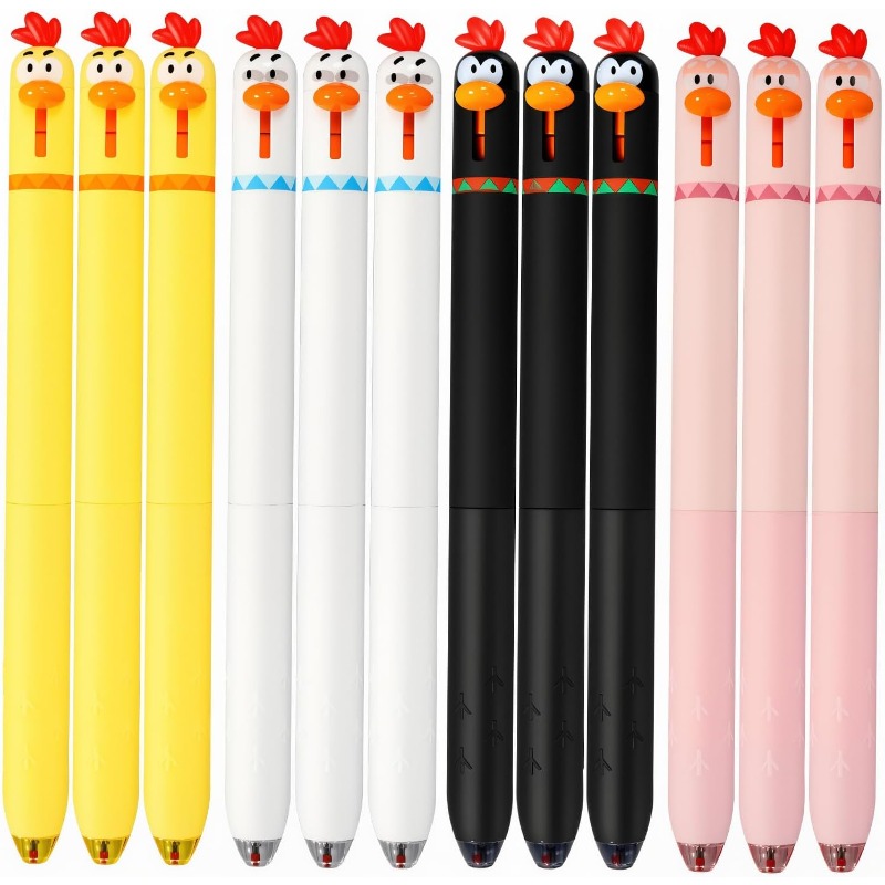 Image of 12pcs Funny Chicken Retractable Gel Pens Cute Novelty Pens With Beak Click, 0.5mm Fine Point Black Ink, Cartoon Writing Pens For Students, Office, School, Gifts (chicken, 12)