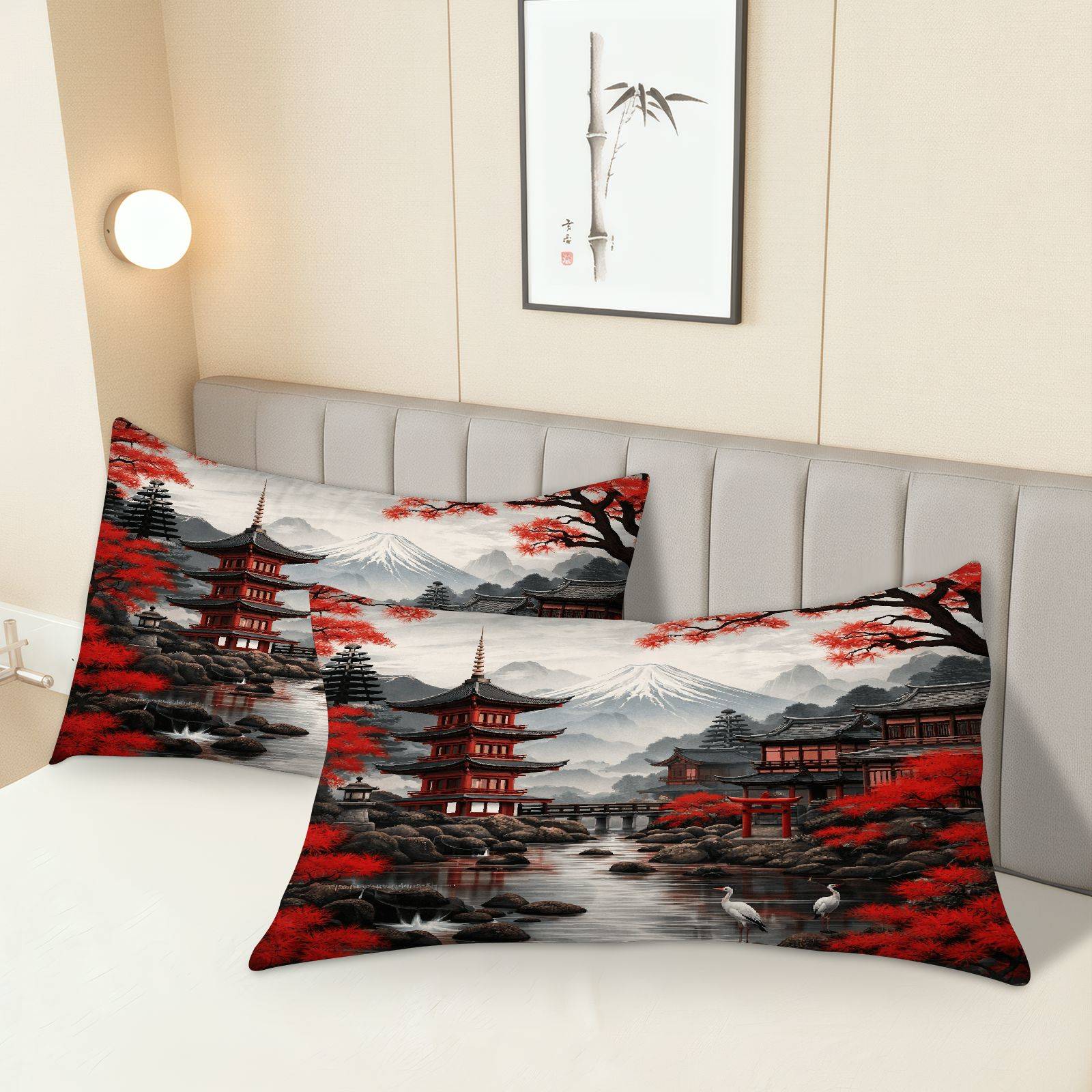 TEMU 2 housses de coussin imprimées paysage japonais ( insert), pour la décoration intérieure, housses décoratives pour lit et canapé, style chambre,