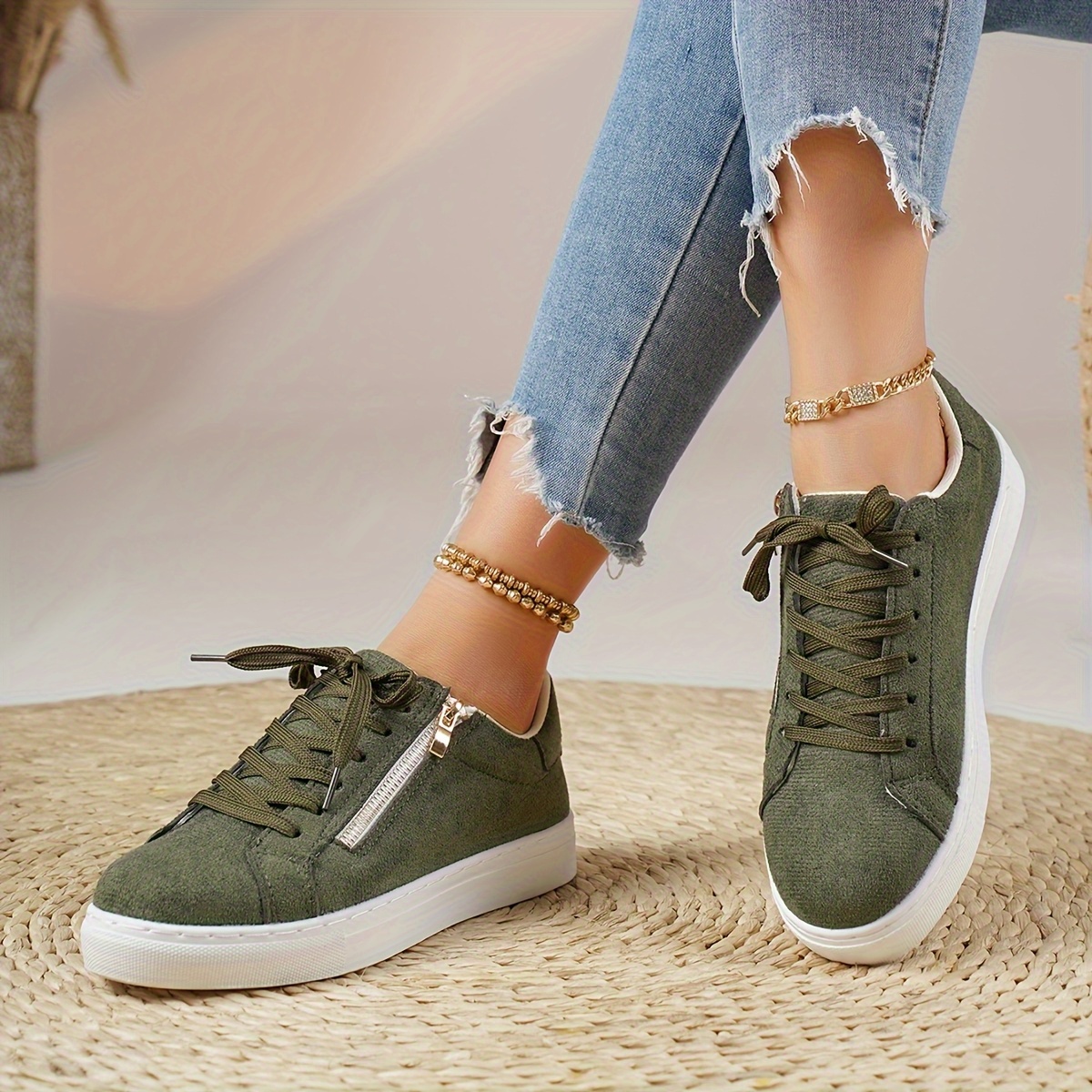 women's olive green casual sneakers breathable fabric upper Temu
