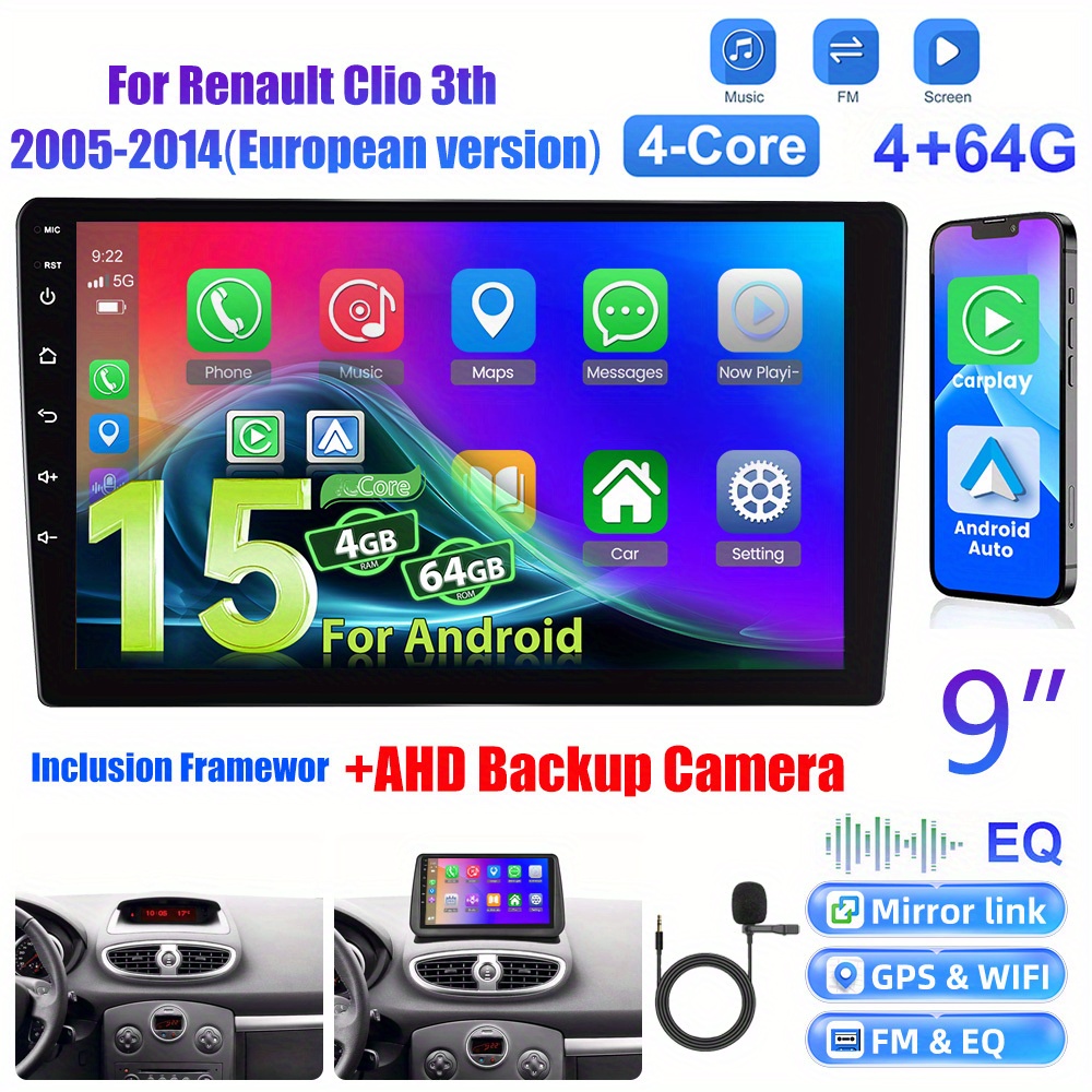 [4+64g] 15 Car Stereo For Renault 3rd 2005-2014 (european Version), 9 Inch 1280p Ips Touch Screen Radio Auto Car Radio Ai Dsp/ Fm/ Rds/ 32eq Gps Wifi Swc+mic, Ahd Backup Cam, Without Battery