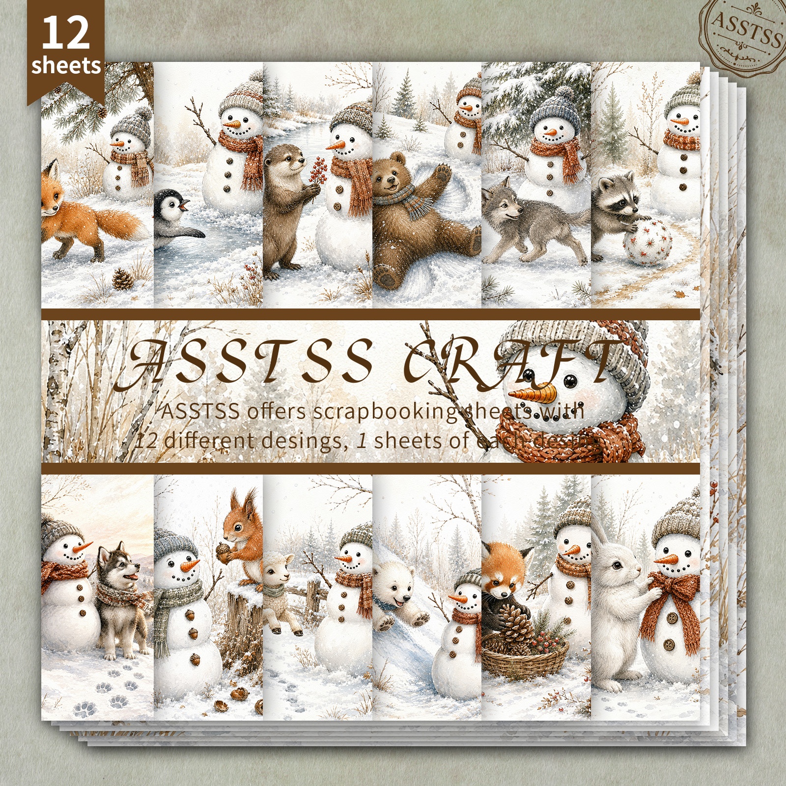 TEMU 12-sheet Asstss 6x6 Inch Scrapbooking Paper Pad, Christmas Winter Snowman Forest Animals Watercolor Vintage Style Backing Paper Supplies,
