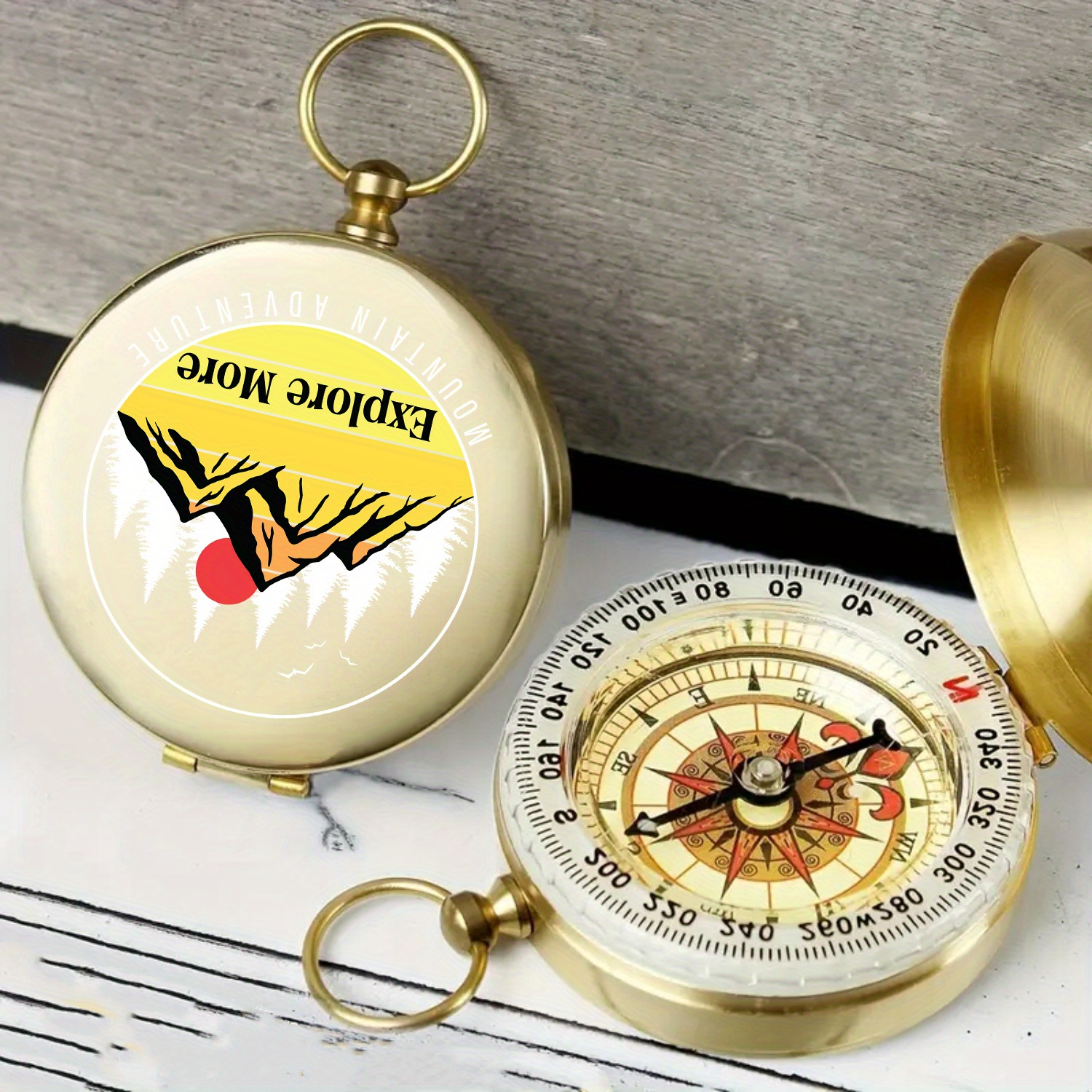 Pocket Compass with Mountain Adventure Print