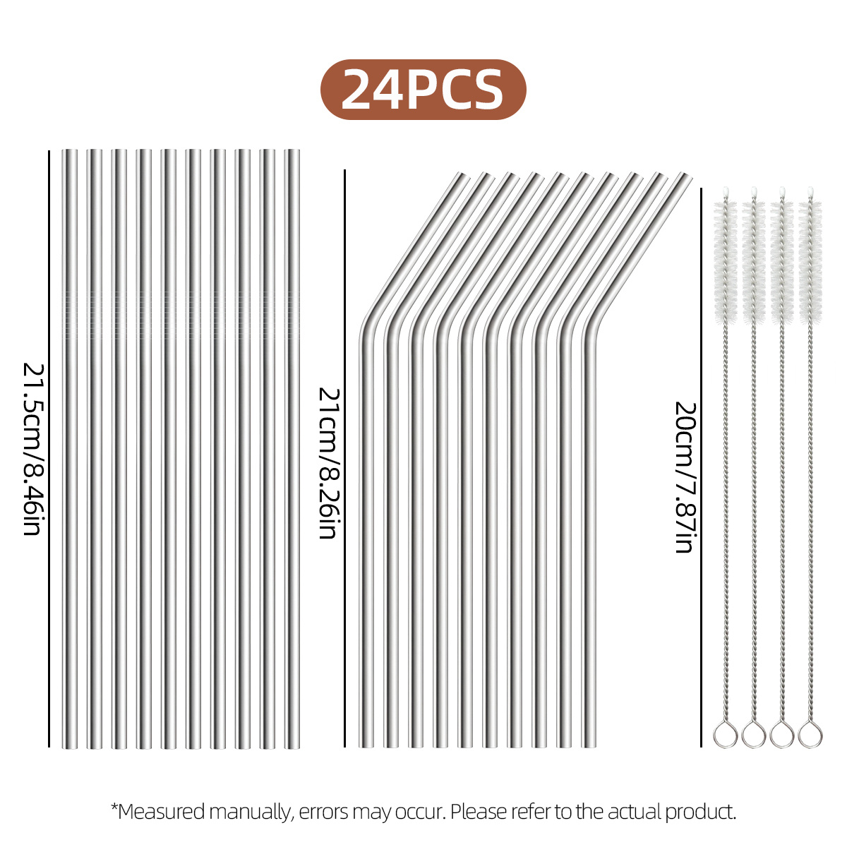 TEMU Vfvhome 12/24pcs Reusable Stainless Steel With Cleaning Brush, Drink Straws For Iced Tea/cold Drinks/coffee/cocktails, Dishwasher Safe, Suitable