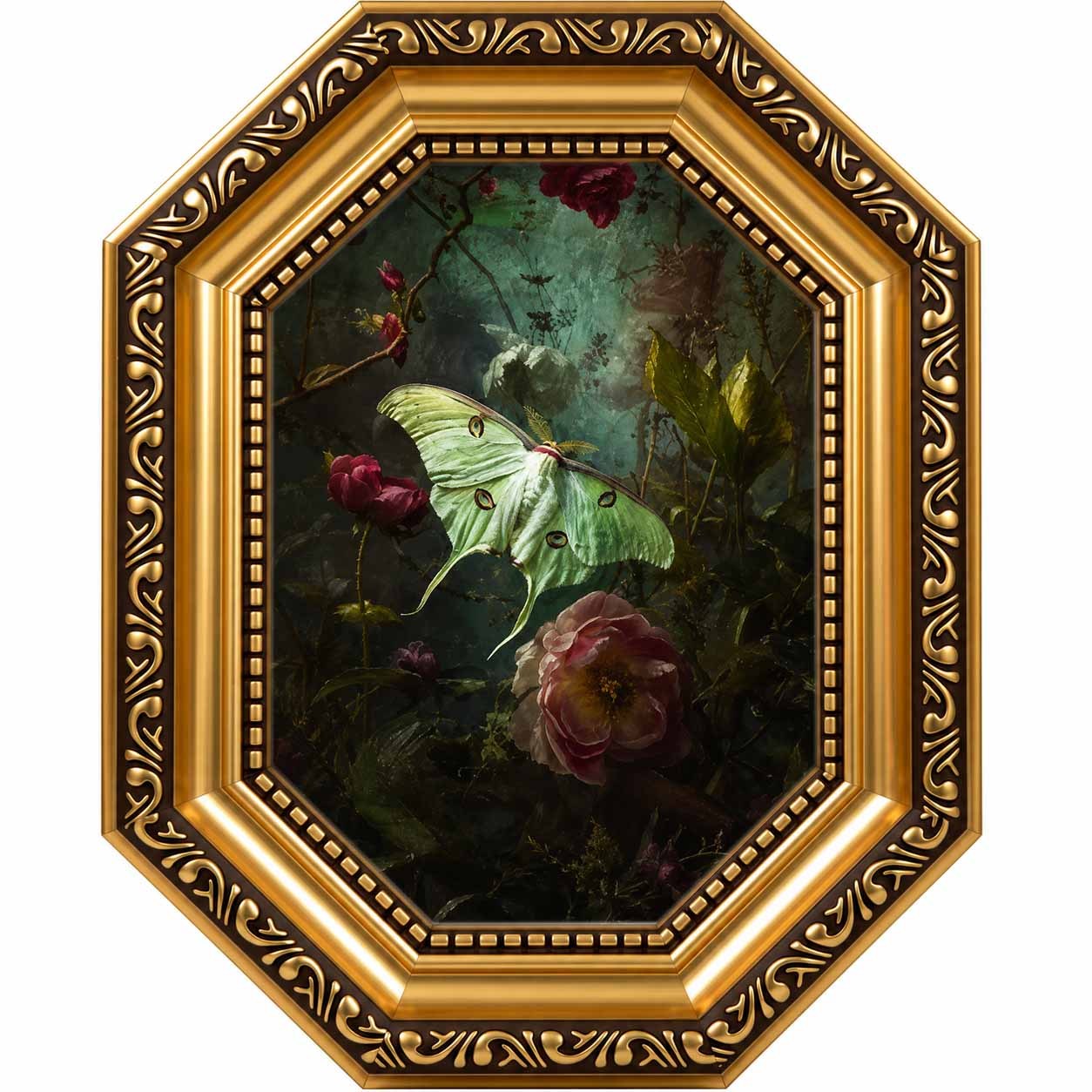TEMU 2d Flat, 2d/flat, 1pc, Framed, For Nature-inspired Moth And Rose Botanical Painting In Ps Resin Octagonal Gold- Patterned Frame, Vintage