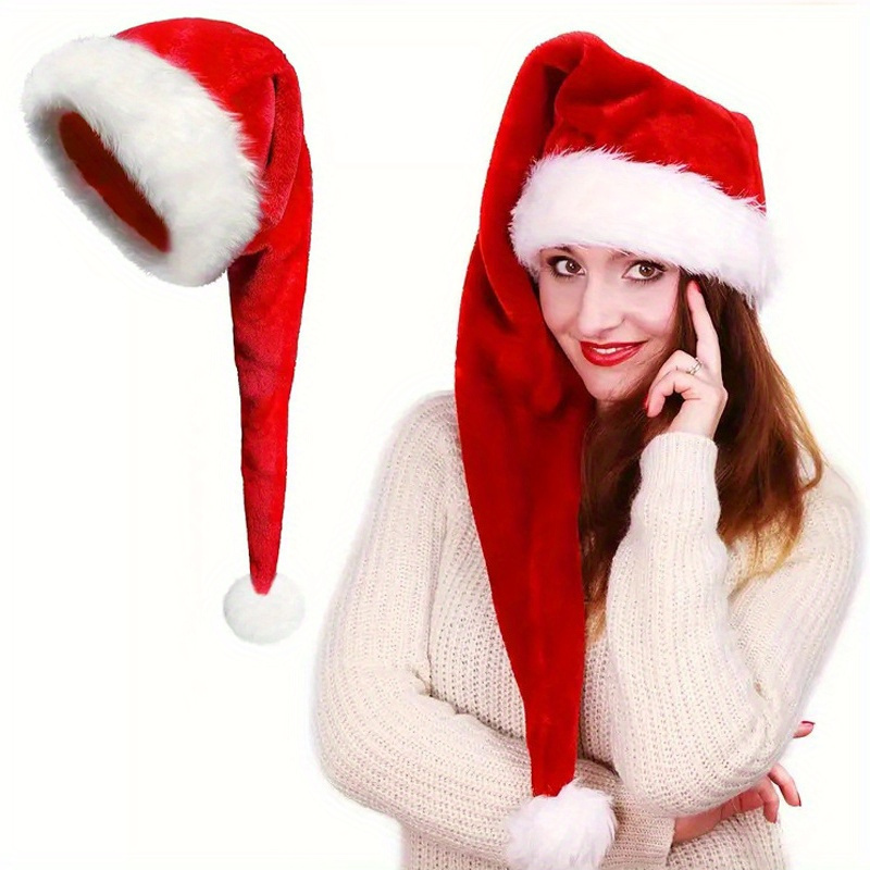 

1pc Adult Extra Long Velvet Christmas Hat With Fluffy White Trim, Large Santa Hat For Holiday Parties, Festive Christmas Accessories, Christmas Costumes And Gifts