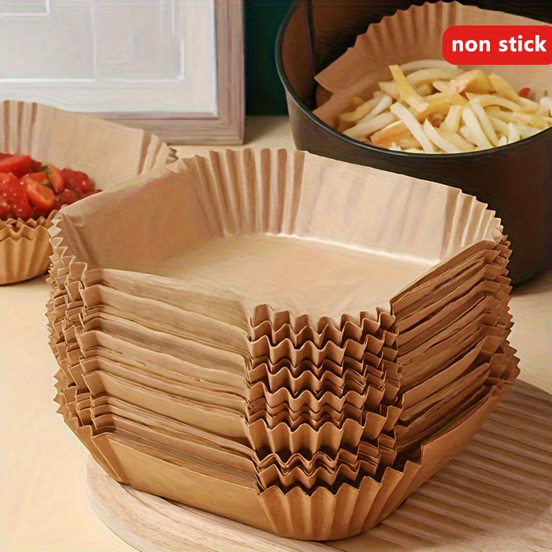 50/100/200pcs Air Fryer Liners - 8-Inch Unbleached Square Baking Paper Pads, Oil- Non-Stick & Ruffled Edges for Secure Fit - Disposable Kitchen Supplies for Christmas, Thanksgiving, Hanukkah, Halloween, Easter, Holiday Cooking Essentials