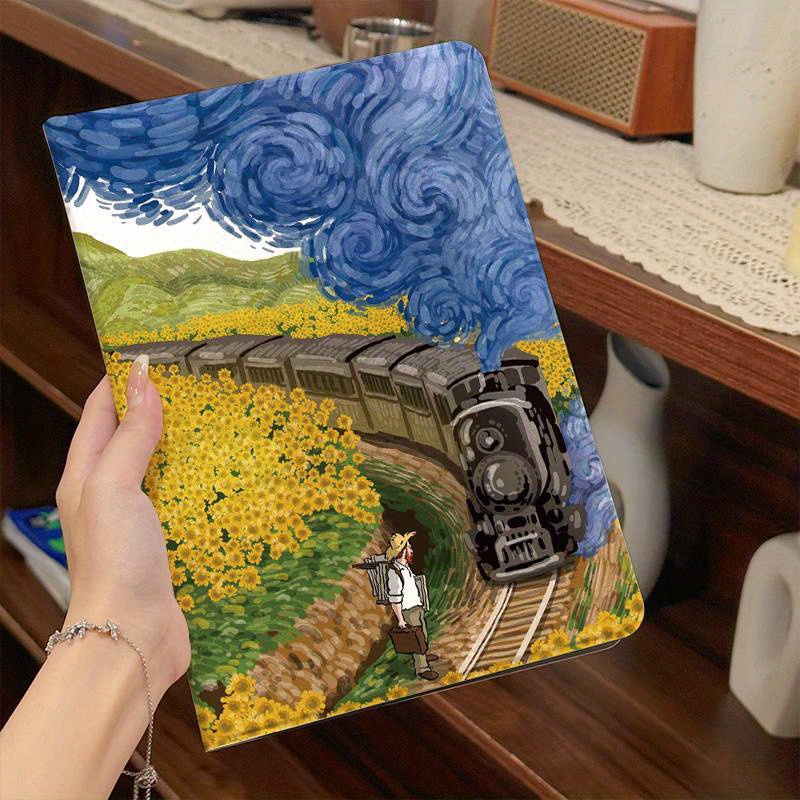 

1pc Artistic Train & Flowers Design Artificial Leather Tablet Case /a7 Lite/a8/a9/a9+/s6/ - Anti-fall Protective Cover With Multi-angle , Silk Texture For Smooth Handling